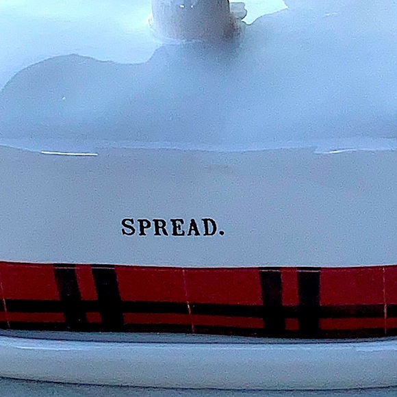 RAE DUNN SPREAD COVERED BUTTER DISH RED BLACK PLAID BAND 1 1/4TH LB 2PC - Picture 7 of 10